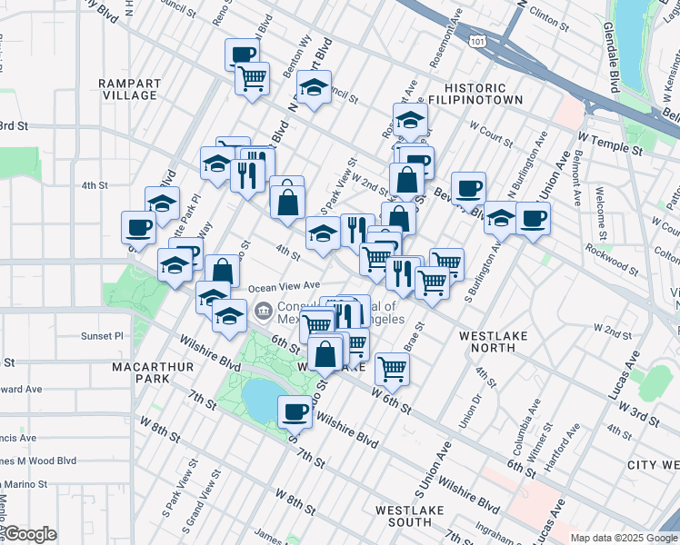 map of restaurants, bars, coffee shops, grocery stores, and more near 2300 West 3rd Street in Los Angeles