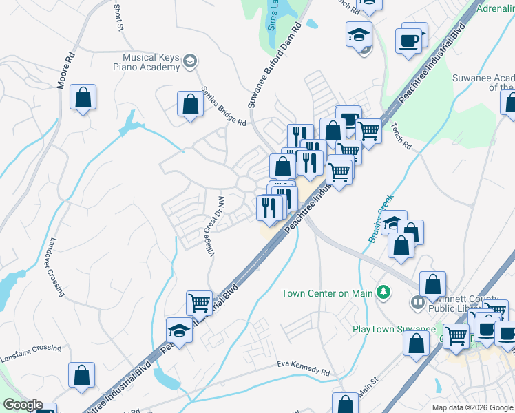 map of restaurants, bars, coffee shops, grocery stores, and more near 683 Village Field Court Northwest in Suwanee