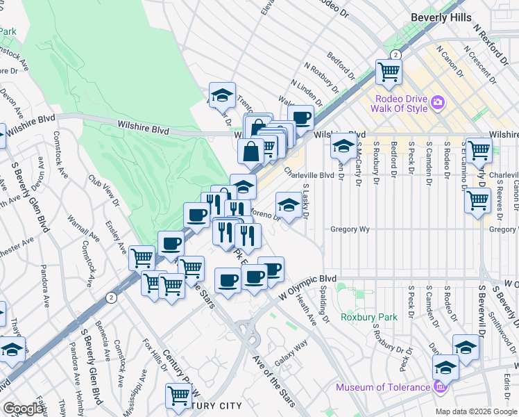 map of restaurants, bars, coffee shops, grocery stores, and more near 9970 Durant Drive in Beverly Hills