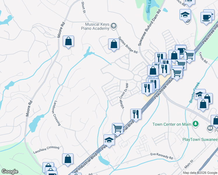map of restaurants, bars, coffee shops, grocery stores, and more near 4846 Gathering Place in Suwanee