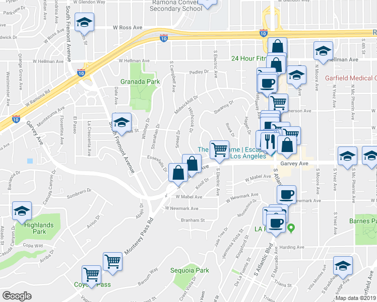 map of restaurants, bars, coffee shops, grocery stores, and more near 2505 Hitchcock Drive in Alhambra