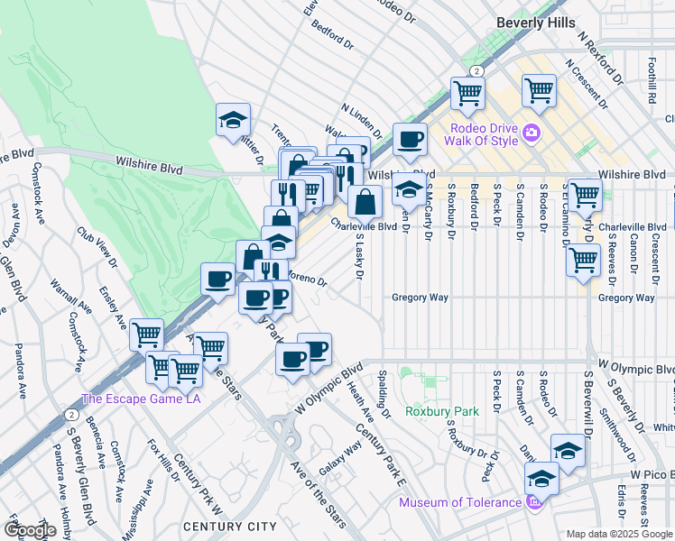 map of restaurants, bars, coffee shops, grocery stores, and more near 9940 Robbins Drive in Beverly Hills