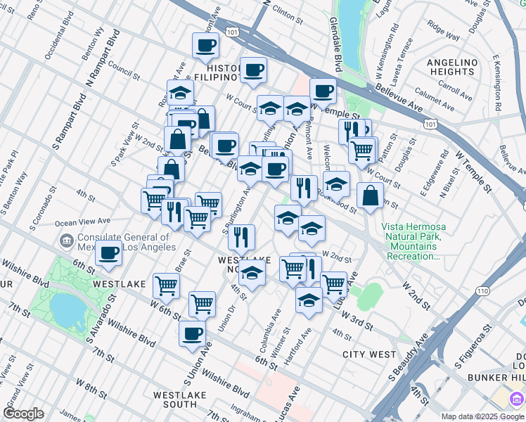 map of restaurants, bars, coffee shops, grocery stores, and more near 212 South Union Avenue in Los Angeles
