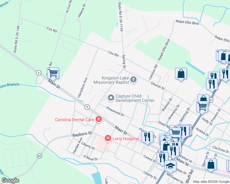 map of restaurants, bars, coffee shops, grocery stores, and more near 3037 Chestnut Street in Loris