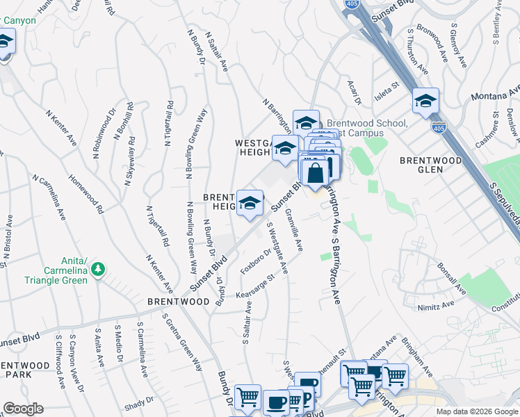 map of restaurants, bars, coffee shops, grocery stores, and more near 11901 Sunset Boulevard in Los Angeles