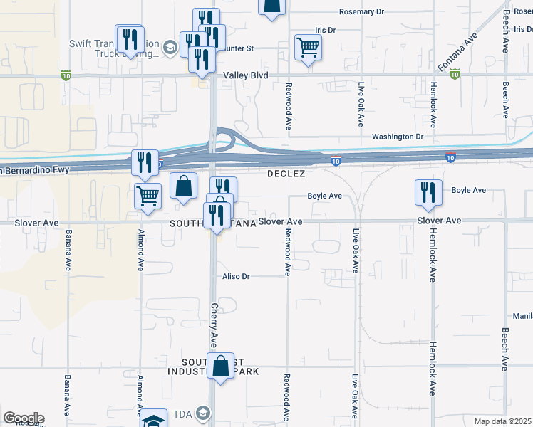 map of restaurants, bars, coffee shops, grocery stores, and more near 14642 Slover Avenue in Fontana