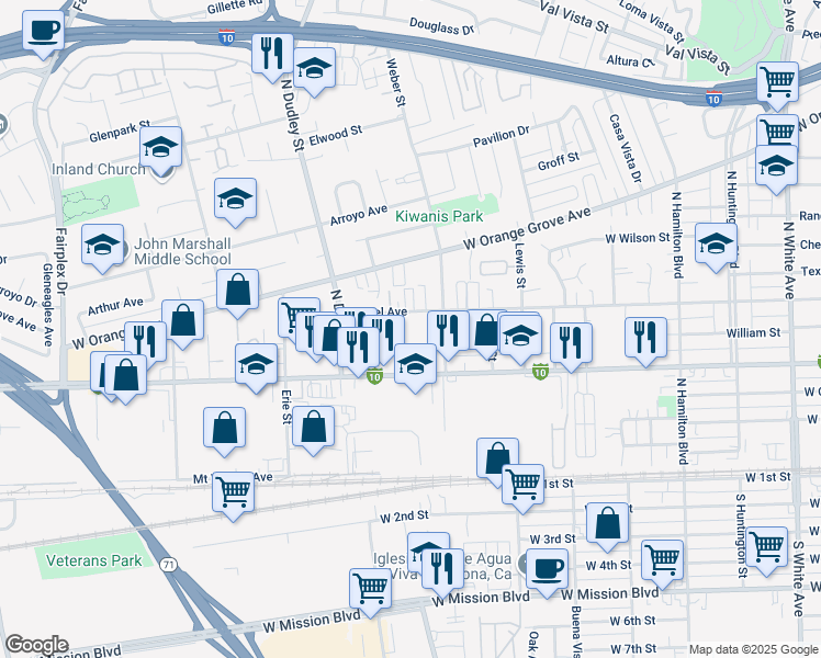 map of restaurants, bars, coffee shops, grocery stores, and more near 1448 Laurel Avenue in Pomona