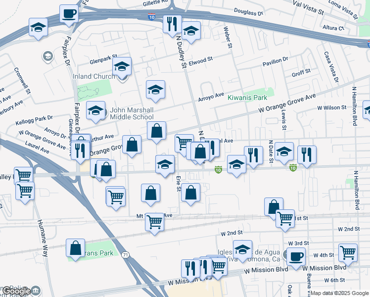 map of restaurants, bars, coffee shops, grocery stores, and more near 1646 Laurel Avenue in Pomona
