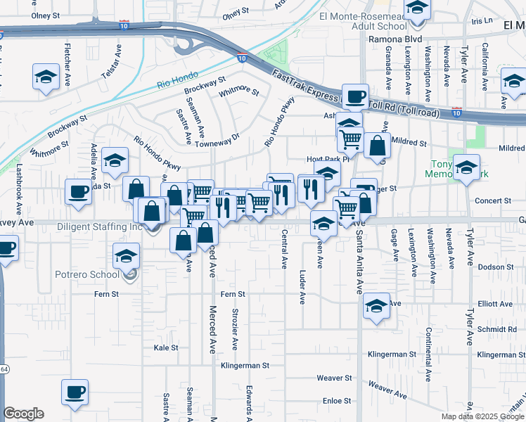 map of restaurants, bars, coffee shops, grocery stores, and more near 10124 Bodger Street in El Monte