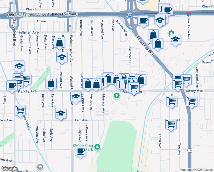 map of restaurants, bars, coffee shops, grocery stores, and more near 3026 Muscatel Avenue in Rosemead