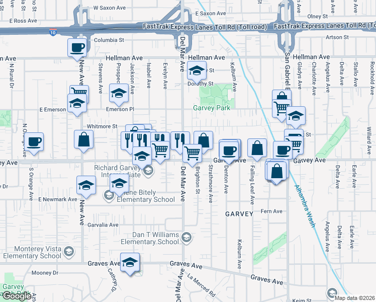 map of restaurants, bars, coffee shops, grocery stores, and more near 3026 Del Mar Avenue in Rosemead