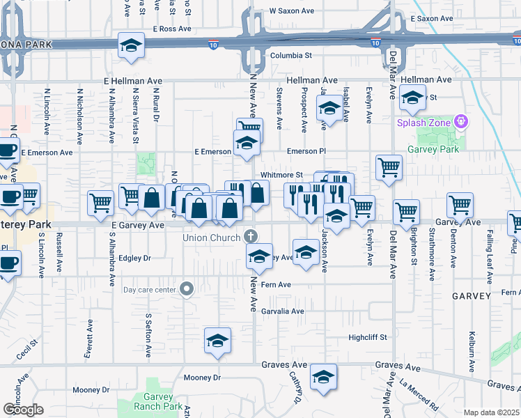map of restaurants, bars, coffee shops, grocery stores, and more near 7419 Garvey Avenue in Rosemead