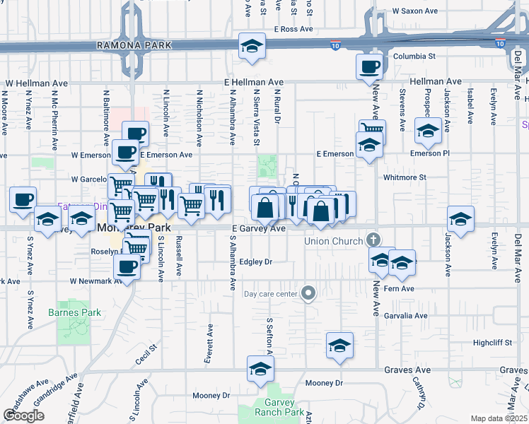 map of restaurants, bars, coffee shops, grocery stores, and more near 121 North Rural Drive in Monterey Park