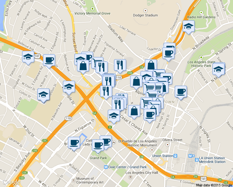 map of restaurants, bars, coffee shops, grocery stores, and more near 820 Alpine Street in Los Angeles