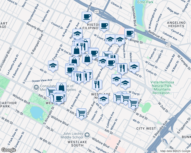 map of restaurants, bars, coffee shops, grocery stores, and more near 157 South Burlington Avenue in Los Angeles
