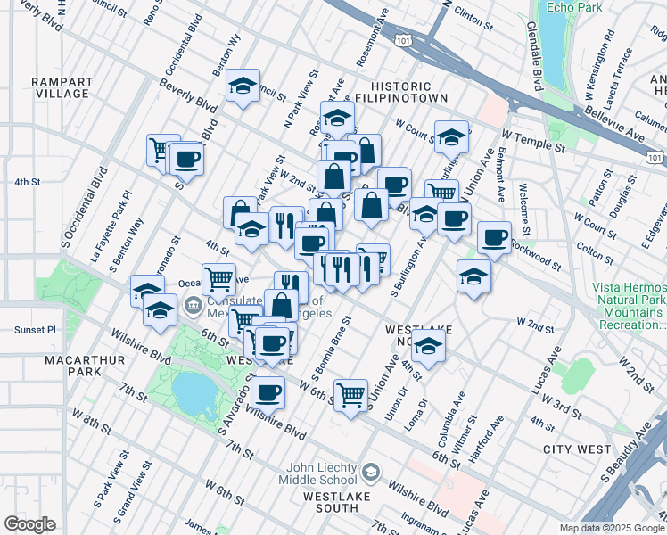 map of restaurants, bars, coffee shops, grocery stores, and more near 200 South Alvarado Street in Los Angeles