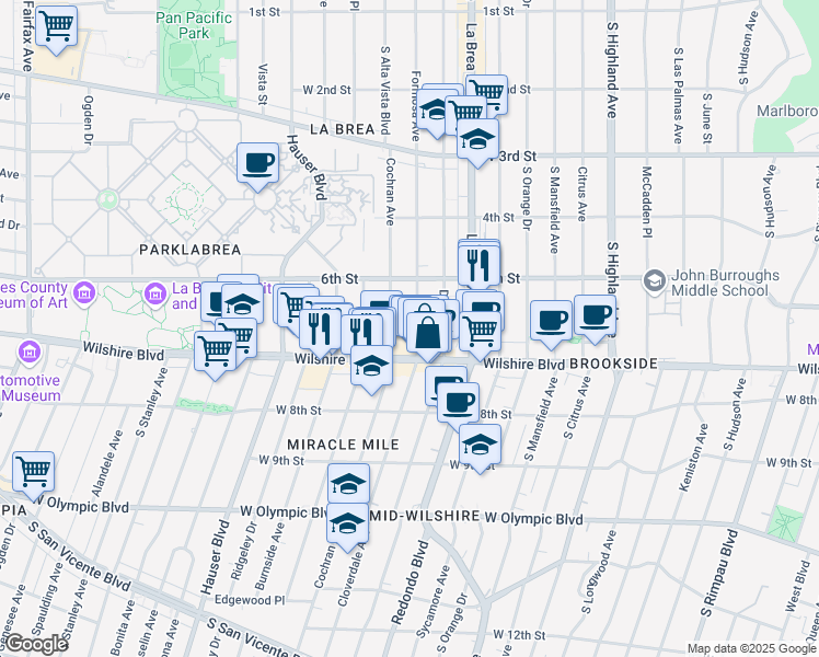 map of restaurants, bars, coffee shops, grocery stores, and more near 650 South Cochran Avenue in Los Angeles