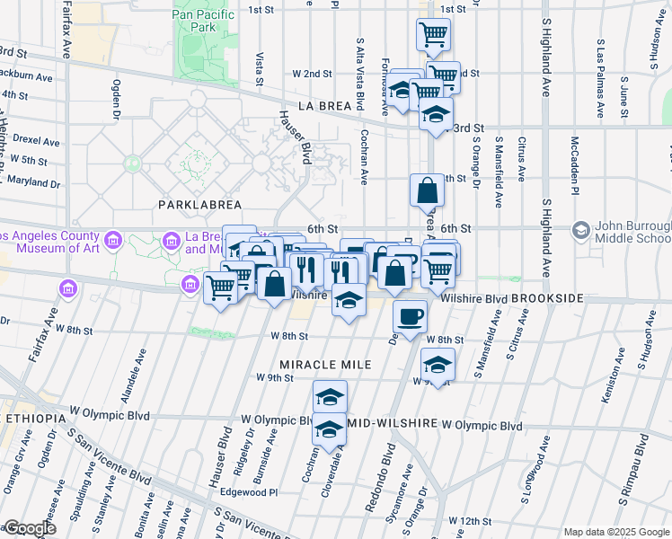 map of restaurants, bars, coffee shops, grocery stores, and more near 645 South Dunsmuir Avenue in Los Angeles