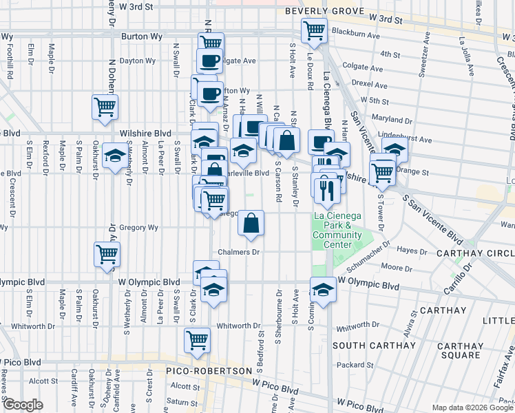 map of restaurants, bars, coffee shops, grocery stores, and more near 220 South Willaman Drive in Beverly Hills