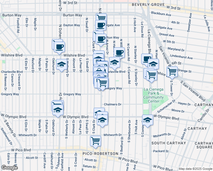 map of restaurants, bars, coffee shops, grocery stores, and more near 221 South Arnaz Drive in Beverly Hills