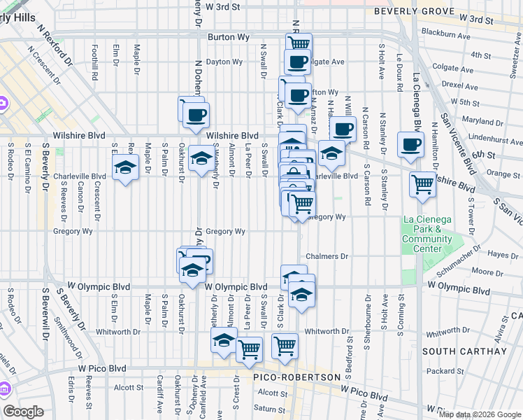 map of restaurants, bars, coffee shops, grocery stores, and more near 241 South Swall Drive in Beverly Hills