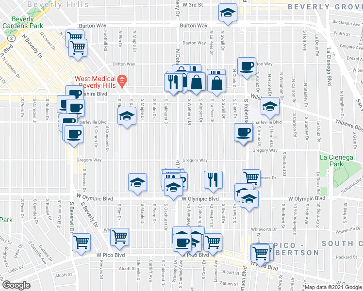 map of restaurants, bars, coffee shops, grocery stores, and more near 241 South Wetherly Drive in Beverly Hills