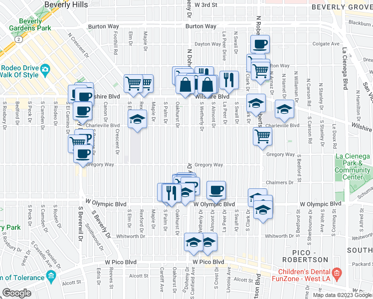 map of restaurants, bars, coffee shops, grocery stores, and more near 240 South Oakhurst Drive in Beverly Hills