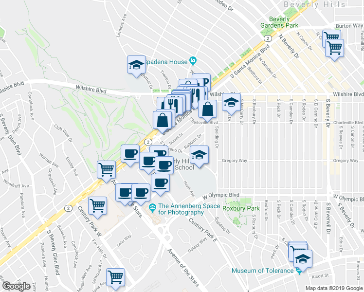map of restaurants, bars, coffee shops, grocery stores, and more near 9941 Robbins Drive in Beverly Hills