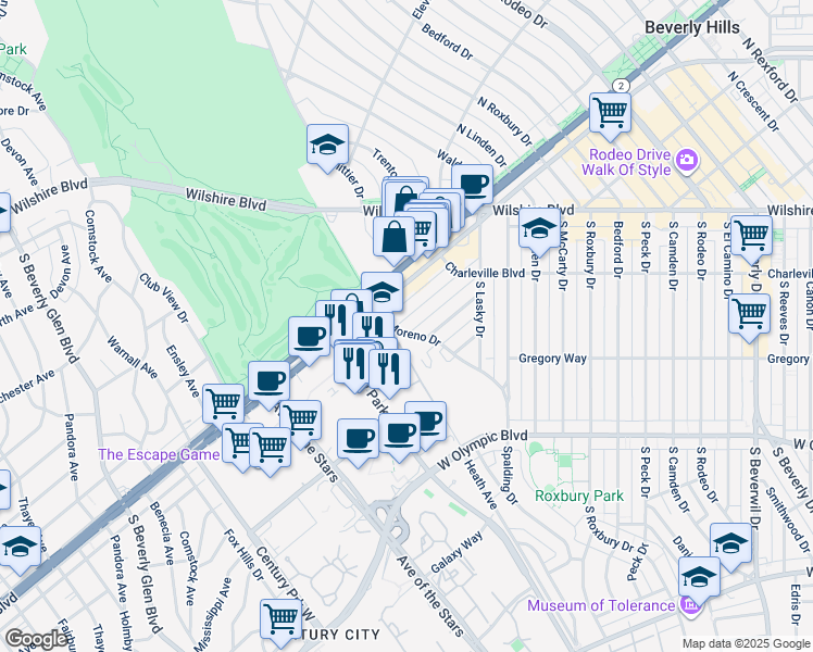 map of restaurants, bars, coffee shops, grocery stores, and more near 9970 Durant Drive in Beverly Hills