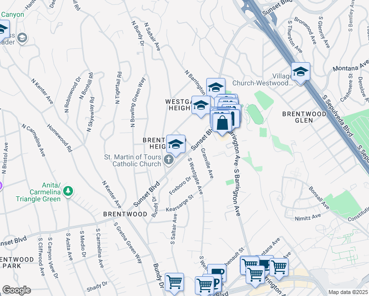 map of restaurants, bars, coffee shops, grocery stores, and more near 11901 Sunset Boulevard in Los Angeles