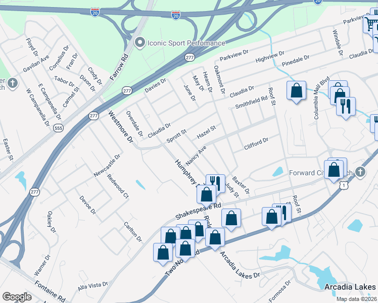 map of restaurants, bars, coffee shops, grocery stores, and more near 3705 Judy Street in Columbia