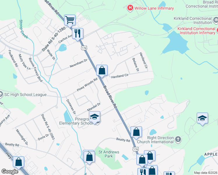 map of restaurants, bars, coffee shops, grocery stores, and more near 116 Nobility Drive in Columbia