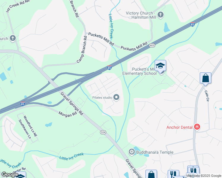 map of restaurants, bars, coffee shops, grocery stores, and more near 2743 Morgan Farm Court in Buford