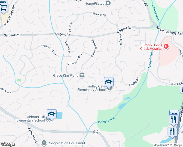 map of restaurants, bars, coffee shops, grocery stores, and more near 11690 Bentham Court in Alpharetta