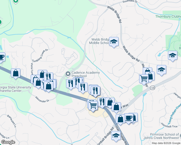 map of restaurants, bars, coffee shops, grocery stores, and more near 185 Park Creek Drive in Alpharetta