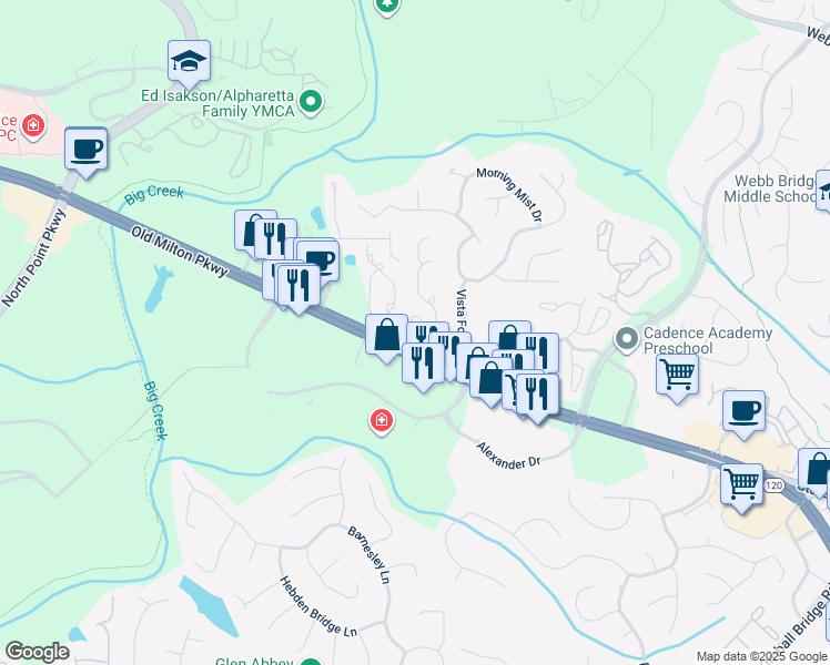 map of restaurants, bars, coffee shops, grocery stores, and more near 5490 Bridge Pointe Drive in Alpharetta