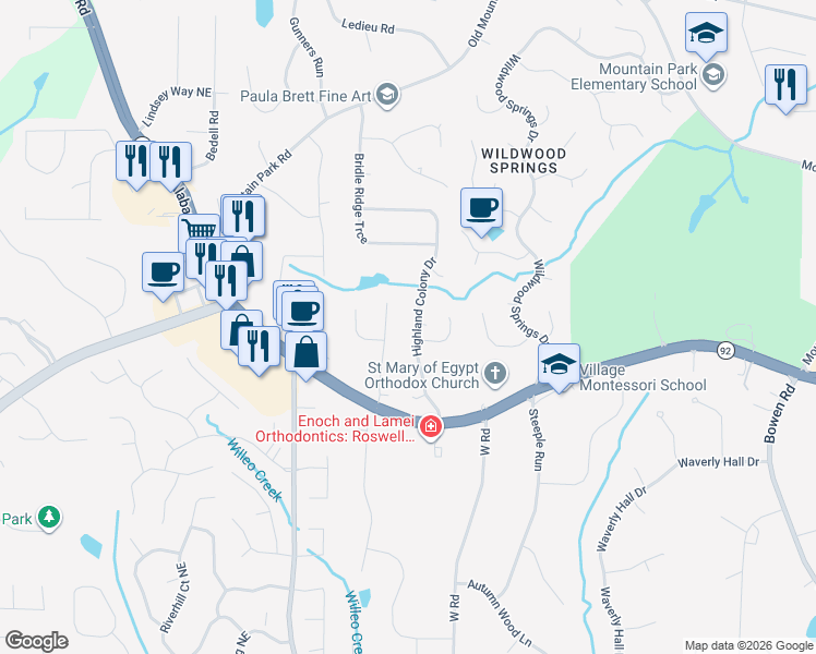 map of restaurants, bars, coffee shops, grocery stores, and more near 11680 Highland Colony Drive in Roswell