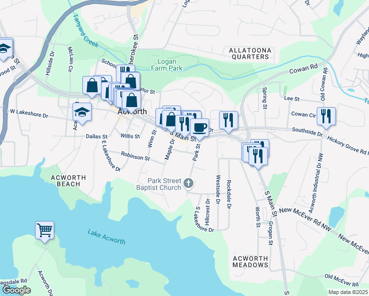 map of restaurants, bars, coffee shops, grocery stores, and more near 4471 Gibson Place in Acworth