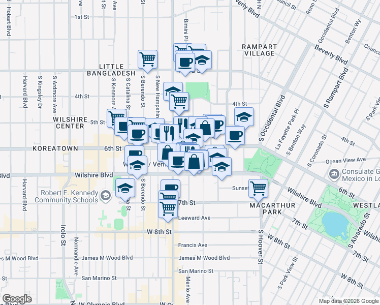 map of restaurants, bars, coffee shops, grocery stores, and more near 615 Shatto Place in Los Angeles