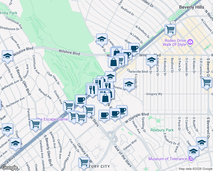 map of restaurants, bars, coffee shops, grocery stores, and more near 10000 Santa Monica Boulevard in Los Angeles