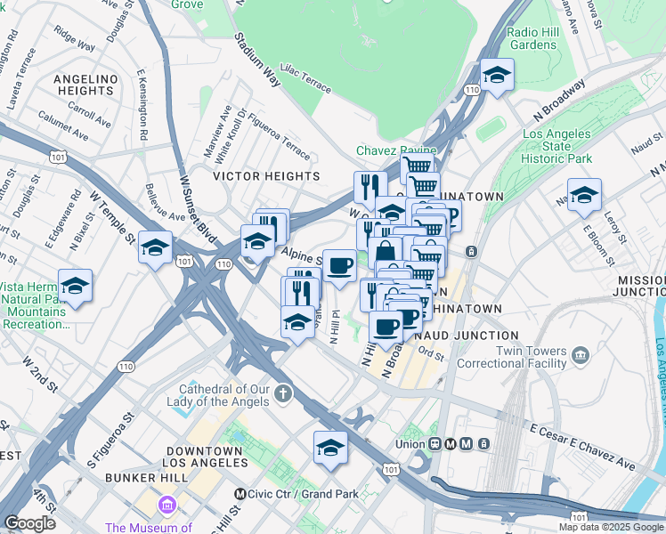 map of restaurants, bars, coffee shops, grocery stores, and more near 700 North Hill Place in Los Angeles