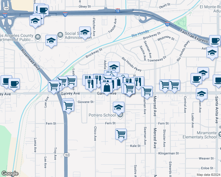 map of restaurants, bars, coffee shops, grocery stores, and more near 9663 Garvey Avenue in South El Monte