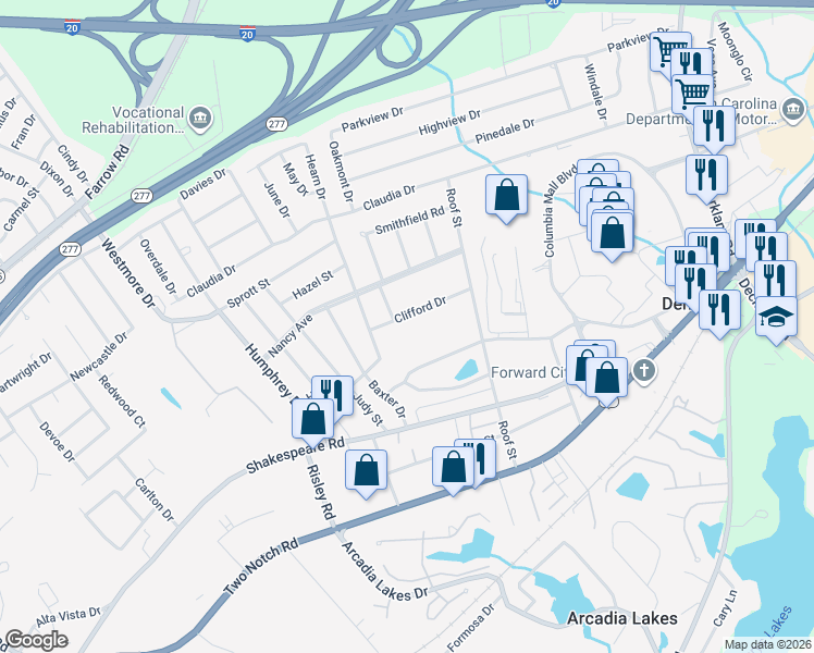 map of restaurants, bars, coffee shops, grocery stores, and more near 7208 Clifford Drive in Columbia