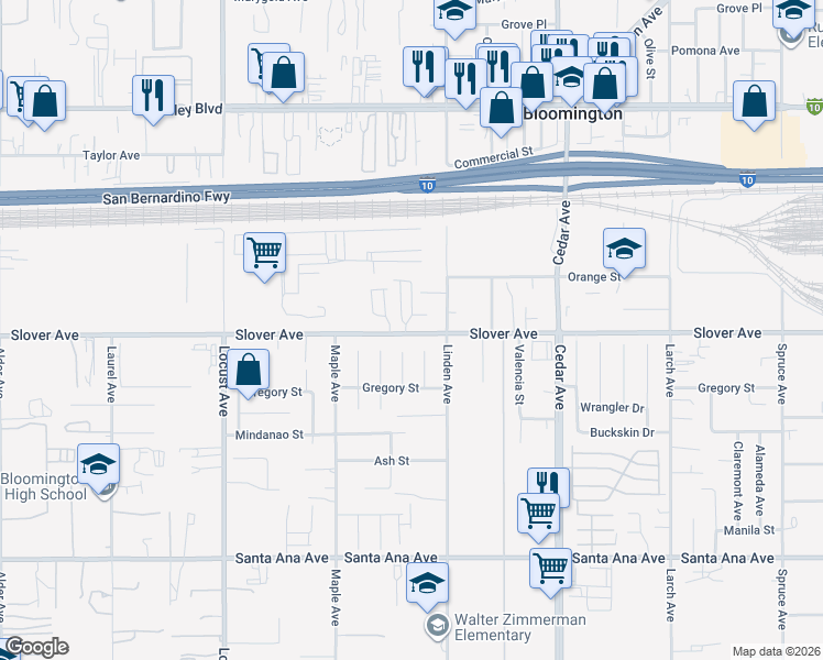 map of restaurants, bars, coffee shops, grocery stores, and more near 18434 Slover Avenue in Bloomington