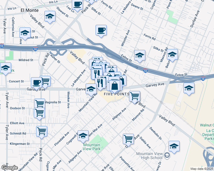 map of restaurants, bars, coffee shops, grocery stores, and more near 11937 Valley Boulevard in El Monte