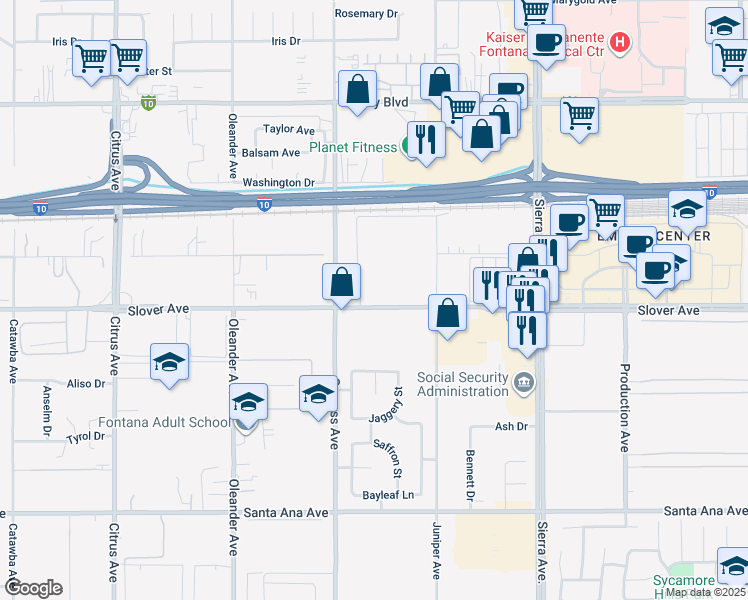 map of restaurants, bars, coffee shops, grocery stores, and more near 16576 Slover Avenue in Fontana