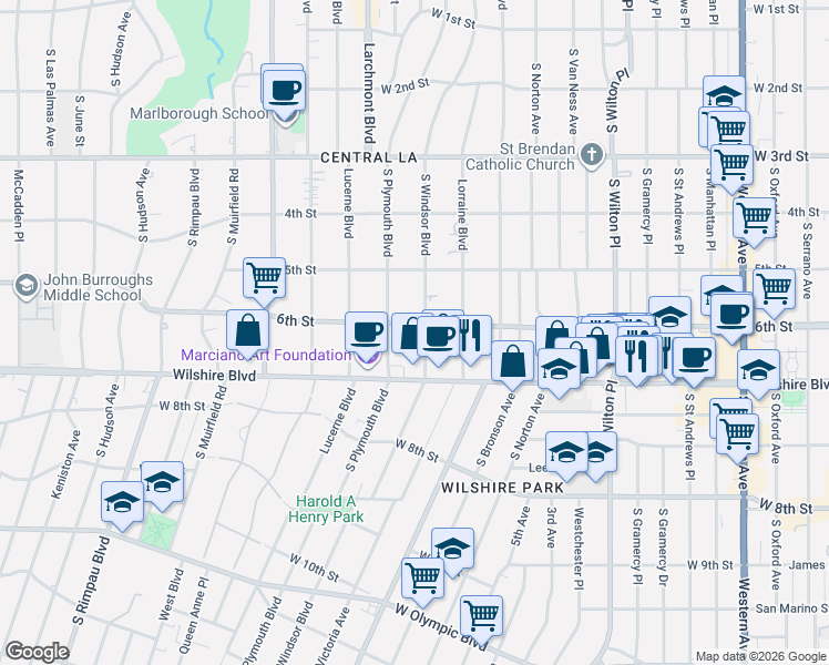 map of restaurants, bars, coffee shops, grocery stores, and more near 606s South Windsor Boulevard in Los Angeles
