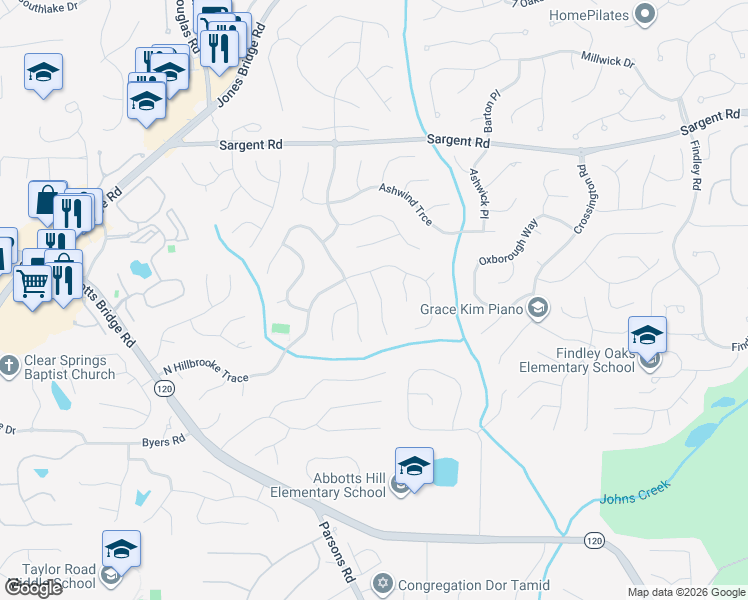 map of restaurants, bars, coffee shops, grocery stores, and more near 335 Bristol Stone Lane in Alpharetta