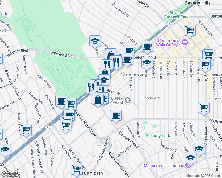 map of restaurants, bars, coffee shops, grocery stores, and more near 9980 Durant Drive in Beverly Hills