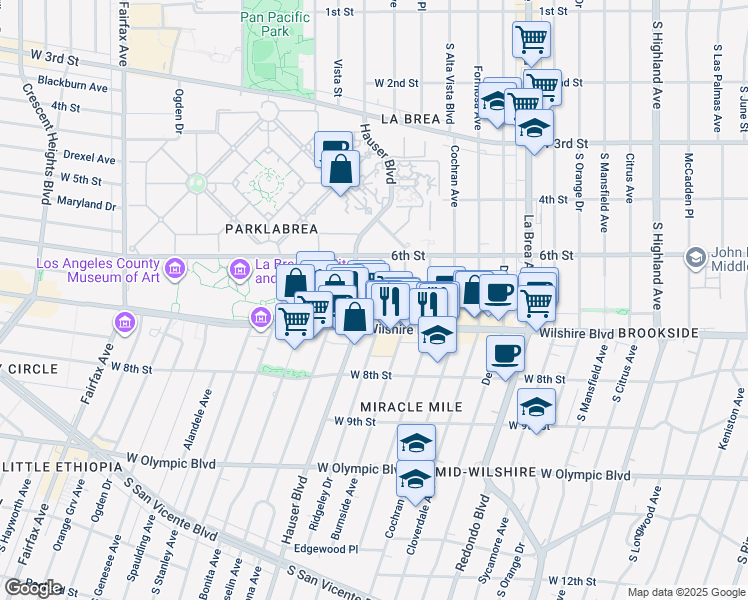 map of restaurants, bars, coffee shops, grocery stores, and more near 644 South Ridgeley Drive in Los Angeles